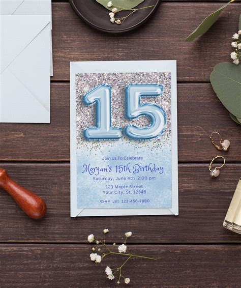 Editable 15th Birthday Invitation Template Blue Glitter Birthday Party Quinceanera Fifteenth