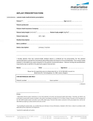 Fillable Online IMPLANT PRESCRIPTION FORM Materialise Fax Email