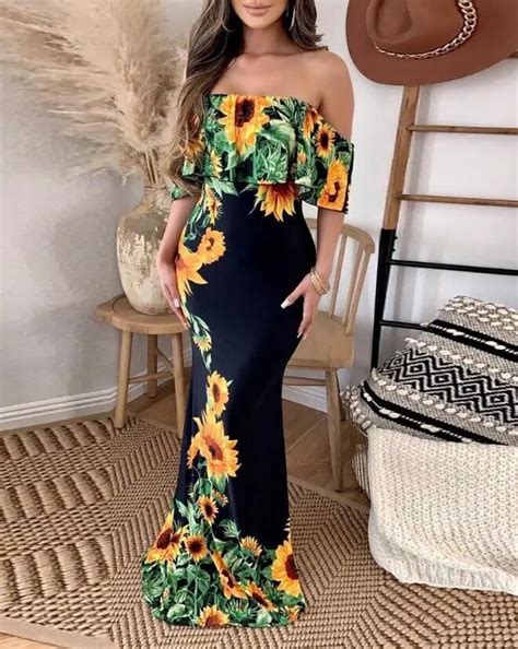 Elegant Dresses Women Sexy Sunflower Print Off Shoulder Ruffle Hem