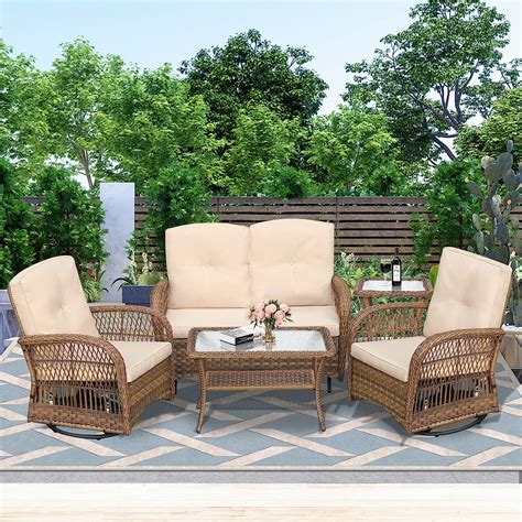 W Warmhol 5pc Outdoor Rattan Furniture Set Glider Loveseat 2 Swivel