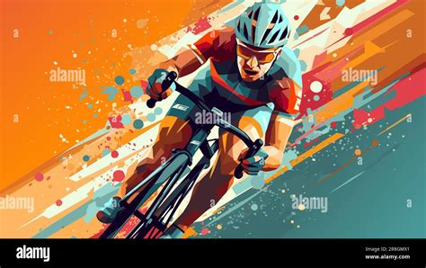 Professional Bicycle Racer Riding A Bike On Abstract Colorful Graphic