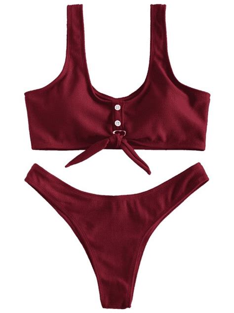 ZAFUL Ribbed Button Embellished Keyhole Bikini Set RED WINE Bikinis