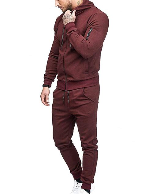 Mens Tracksuit Sweatsuit Full Zip Hoodie Jogging Suits Black Wine Army