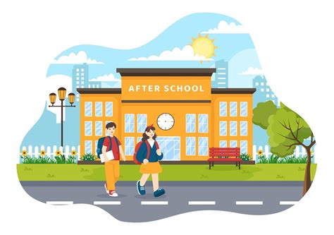 After School Vector Illustration with Students Leave School Building ...