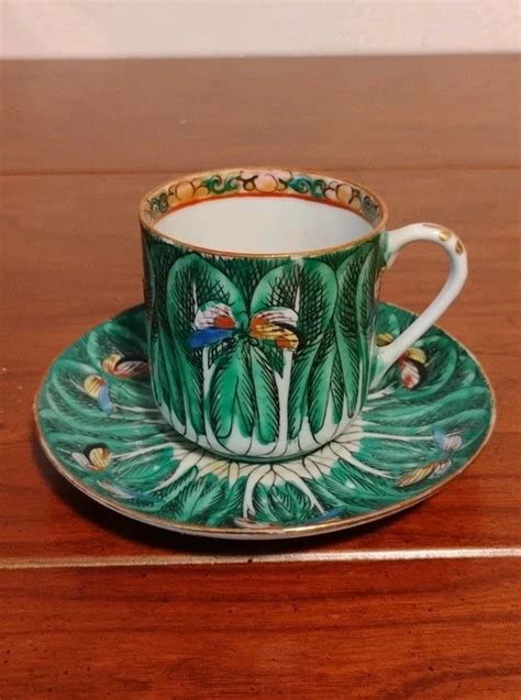 Antique 19th C Bok Choy Chinese Cabbage Butterfly Coffee Cup And