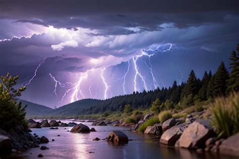 Ein Gewitter Ber Einem Fluss Mit Einem Berg Im Hintergrund Premium Foto