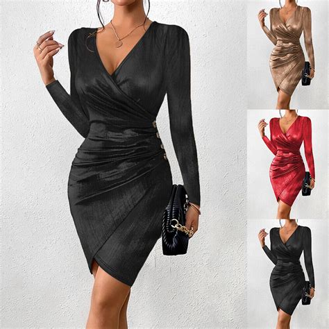 Sexy Womens V Neck Wrap Bodycon Dress Long Sleeve Evening Party Mini Dresses Ebay