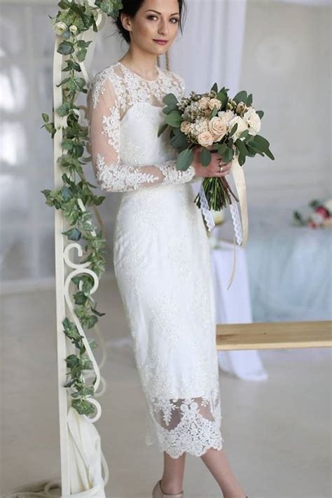 Crew Neckline Lace Tea Length Wedding Dresses Long Sleeves On Storenvy