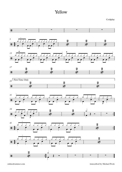 Yellow Coldplay Drum Sheet Music Drum Sheet Music Drums Sheet Sheet Music