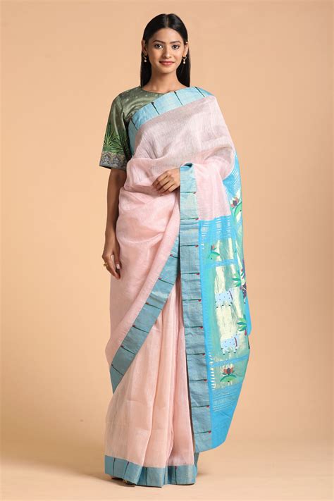 Buy Label Pratham Pink Paithani Pichwai Organza Saree With Unstitched