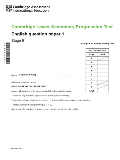 Cambridge Lower Secondary Progression Test English Question Paper 1 Pdf Tokyo