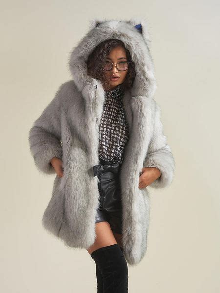 Faux Fur Arctic Grey Wolf Womens Coat With Hood Spirithoods