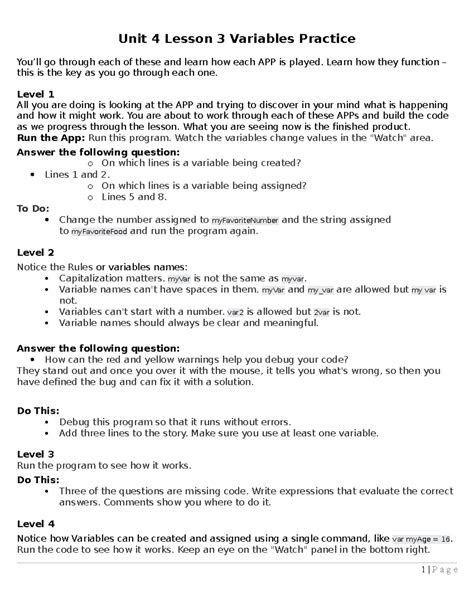 U4l3 Variables Practice Unit 4 Lesson 3 Variables Practice Unit 4 Lesson 3 Variables