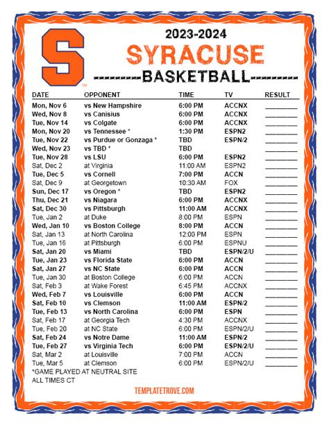 Printable 2023-2024 Syracuse Orange Basketball Schedule