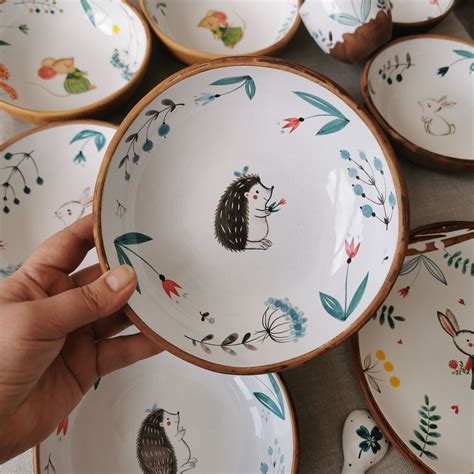 Ceramic Dinner Bowl With Painting Cute Hedgehogs Handmade Etsy