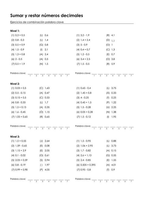 Sumar Y Restar Números Decimales Ejercicios De Combinación Palabra Clave Material De La