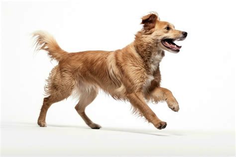 Studio shot of an adorable mixed breed dog jumping against a white ...