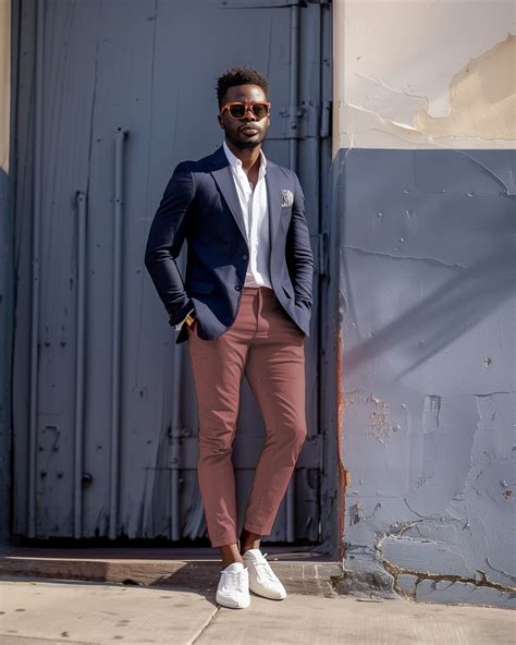 Blazer Bleu Marine Avec Pantalon Chino Rouge Hockerty