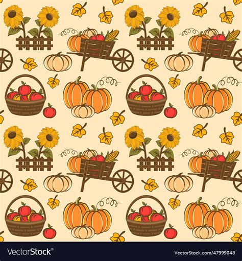 Seamless Pattern Of Pumpkins Apples And Sunflowers