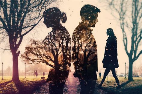 Couple In Park At Walk Heartwarming Romantic Double Exposure Stock