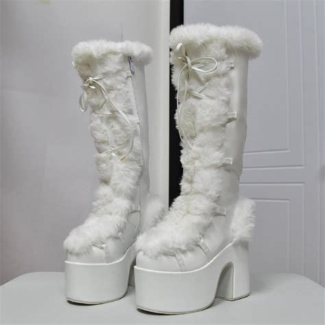 Fur Furry Boots Platform Chunky High Heel Knee Boots White Platform