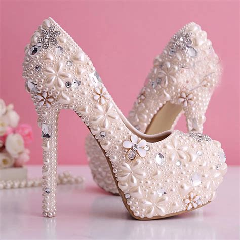 Gorgeous Pearl Wedding Dress Shoes Rhinestone Bridal Shoes High Heel Platform Pumps Light Pink