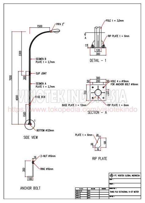 Jual Tiang Lampu PJU Single Arm 7 Meter Tower Jalan Oktagonal HD