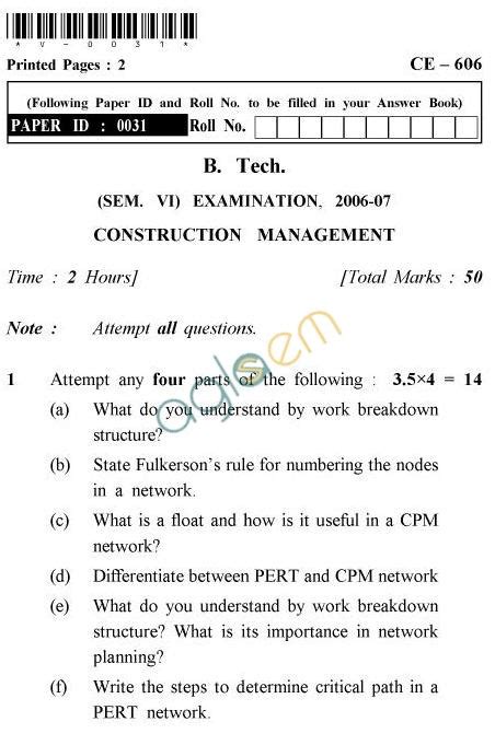 Aktu Btech Question Paper Ce 606 Construction Management Aglasem Institutes