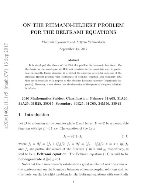 PDF ON THE RIEMANN HILBERT PROBLEM FOR THE BELTRAMI EQUATIONS