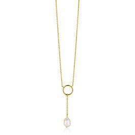 ZINZI Gold Plated Zilveren Y Ketting Met Open Rondje En Bungelend Witte