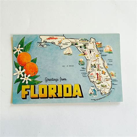 Florida Map Postcard Vintage Map Of Florida Souvenir Etsy Vintage