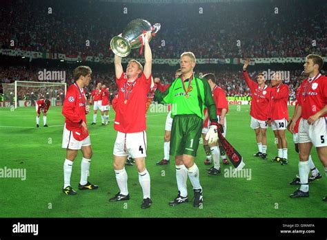 Manchester United Goalkeeper Peter Schmeichel Right Looks On As