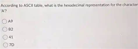 according to ascii table, what is the hexadecimal representation for ...