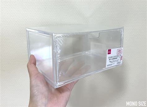 100均「重なる透明収納ケース 1段引出し 幅18cm」の商品情報とサイズ・収納例。ダイソーで販売（4549131960594）