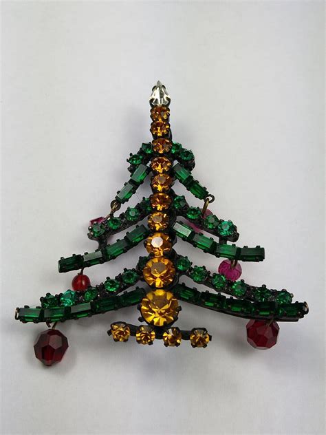 Vintage Austria Christmas Pin Brooch Xmas Tree Ruby R Gem