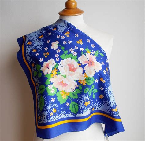 Vintage Flowered Scarf Made In Italy Blue And Yellow Neckerchief