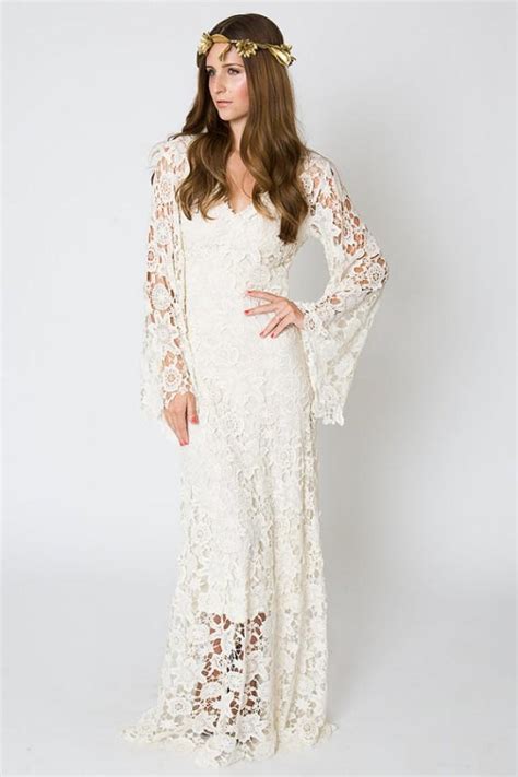 Vintage Inspired Bohemian Wedding Gown Bell Sleeve Lace Crochet Ivory