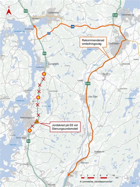 Rekommenderad omledningsväg efter skredet på E6 vid Stenungsund