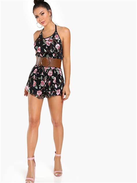 Floral Stitched Halter Romper Black Shein Sheinside