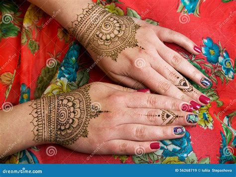 Two Hands With Henna Tattoos Mehendi Designs Stock Image Image Of