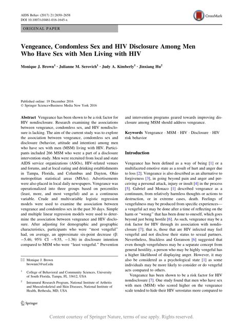 Vengeance Condomless Sex And Hiv Disclosure Among Men Who Have Sex