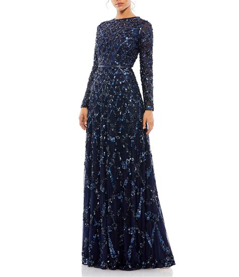 Mac Duggal Embellished Illusion Crew Neck Long Sleeve A Line Gown