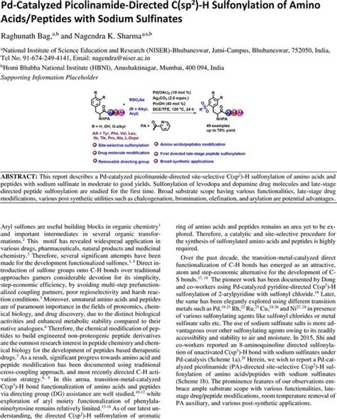 Pd Catalyzed Picolinamide Directed C Sp2 H Sulfonylation Of Amino