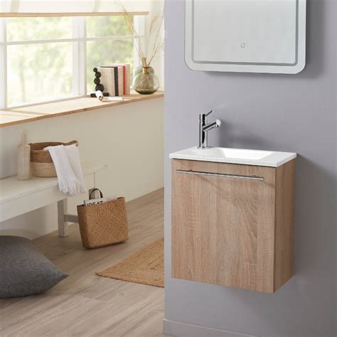 Meuble lave mains pour wc finition chêne naturel avec vasque élégante