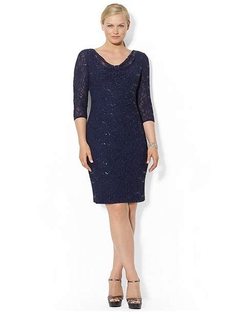 Lauren By Ralph Lauren Plus Sequined Lace Cowlneck Dress In Blue Navy