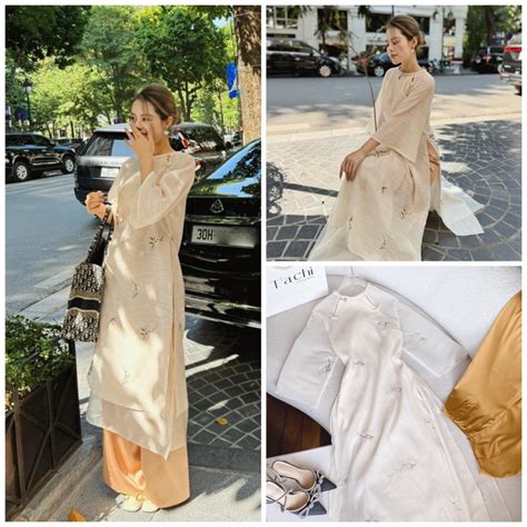 Set áo dài voan nude thêu hoa Quần suông nâu Shopee Việt Nam