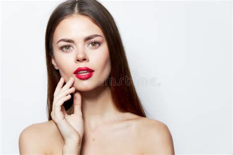 Woman Nude Shoulders Red Lips Smile Attractive Look Skin Care Stock Photo Image Of Natural