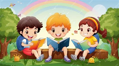 Premium Photo | A cartoon of kids reading books under a rainbow.