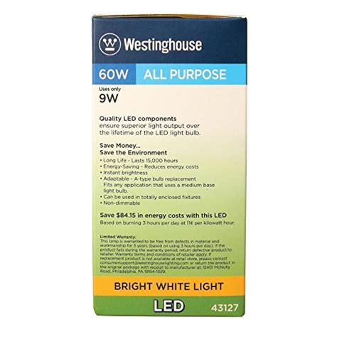 Westinghouse Lighting 4312720 60 Watt Equivalent Omni A19 Bright White Energy Star Led Light