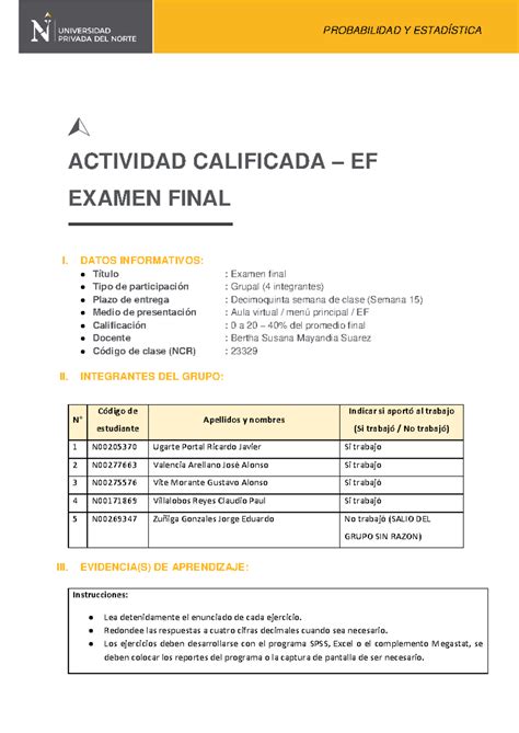 Ef Probes Grupo Actividad Calificada Ef Examen Final I Datos